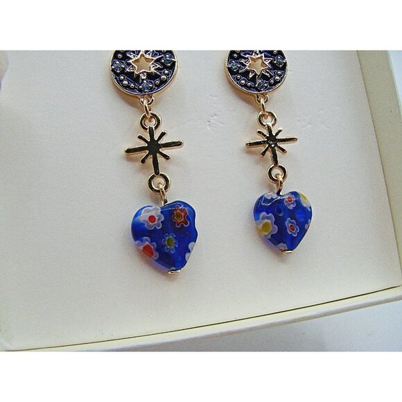 NIB C&C California Blue Gold Moon Stars Glass Beaded Heart Dangle Earrings - Picture 9 of 11